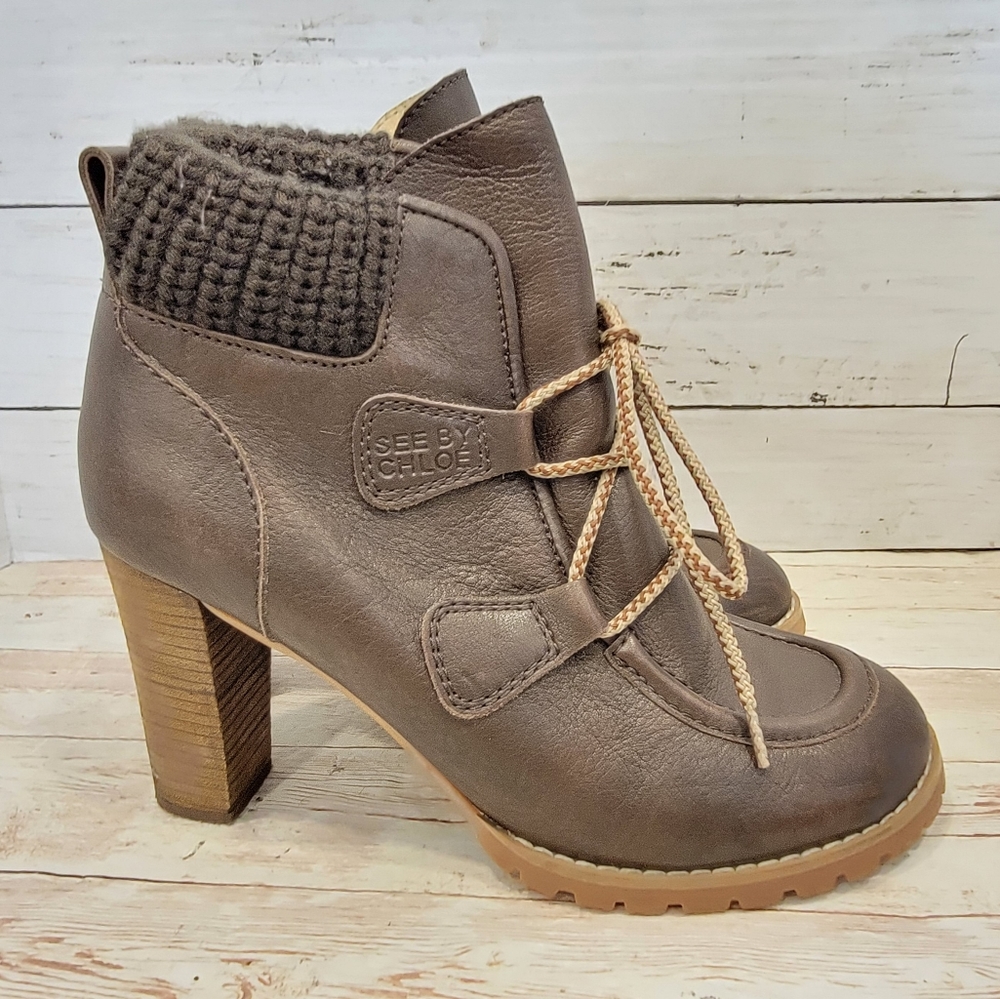 See by Chloe brown knit rim heeled booties